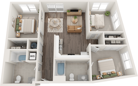 Floor plan for 3 beds, 2 baths, 911 sqft